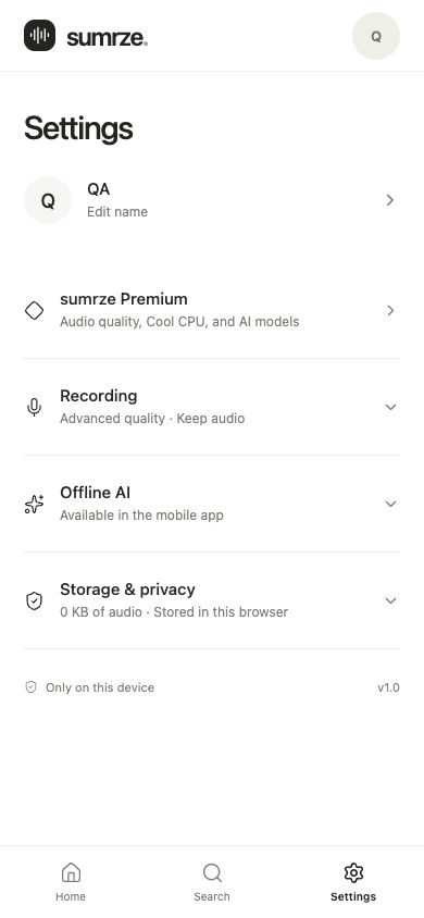 sumrze settings organized into Recording, Offline AI, and Storage and privacy
