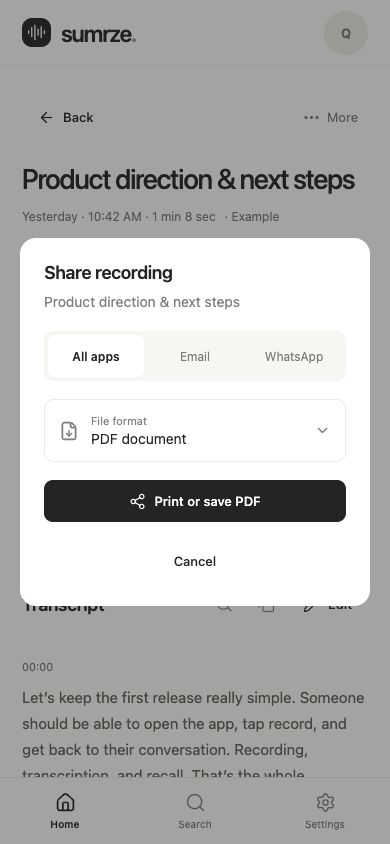 sumrze sharing sheet with All apps, Email, WhatsApp and a file-format selector