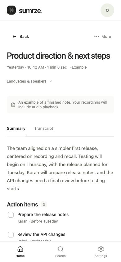 Actual sumrze example note showing its summary and action checklist