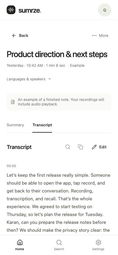 sumrze transcript with timestamps, Find, Copy and Edit controls